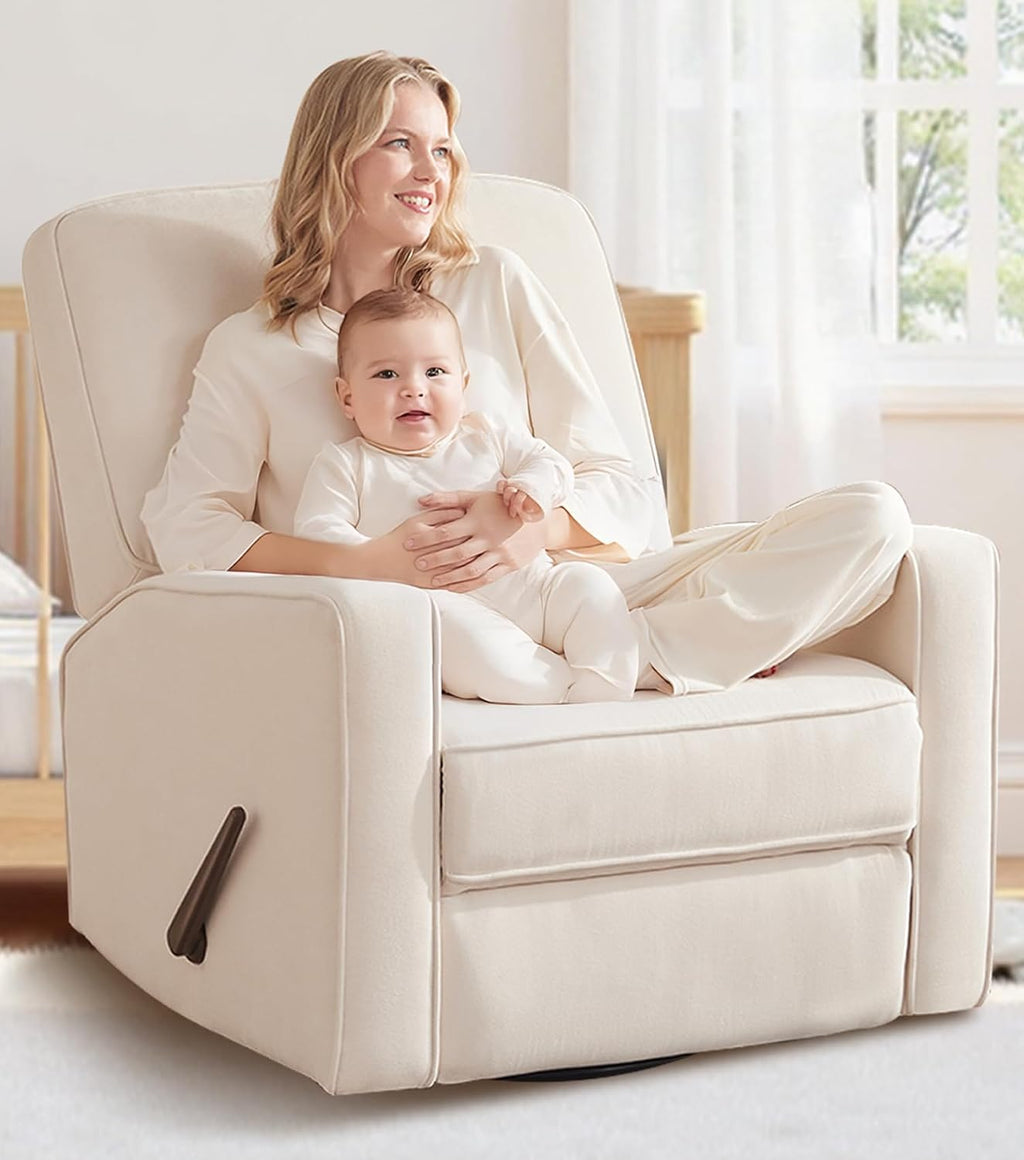 Tbfit Nursery Rocking Chair,360°Swivel Recliner Chair with Lumbar Support for Bedroom, Comfy Upholstered Armchair with Pillows & Footrest for Living Room & Baby Room