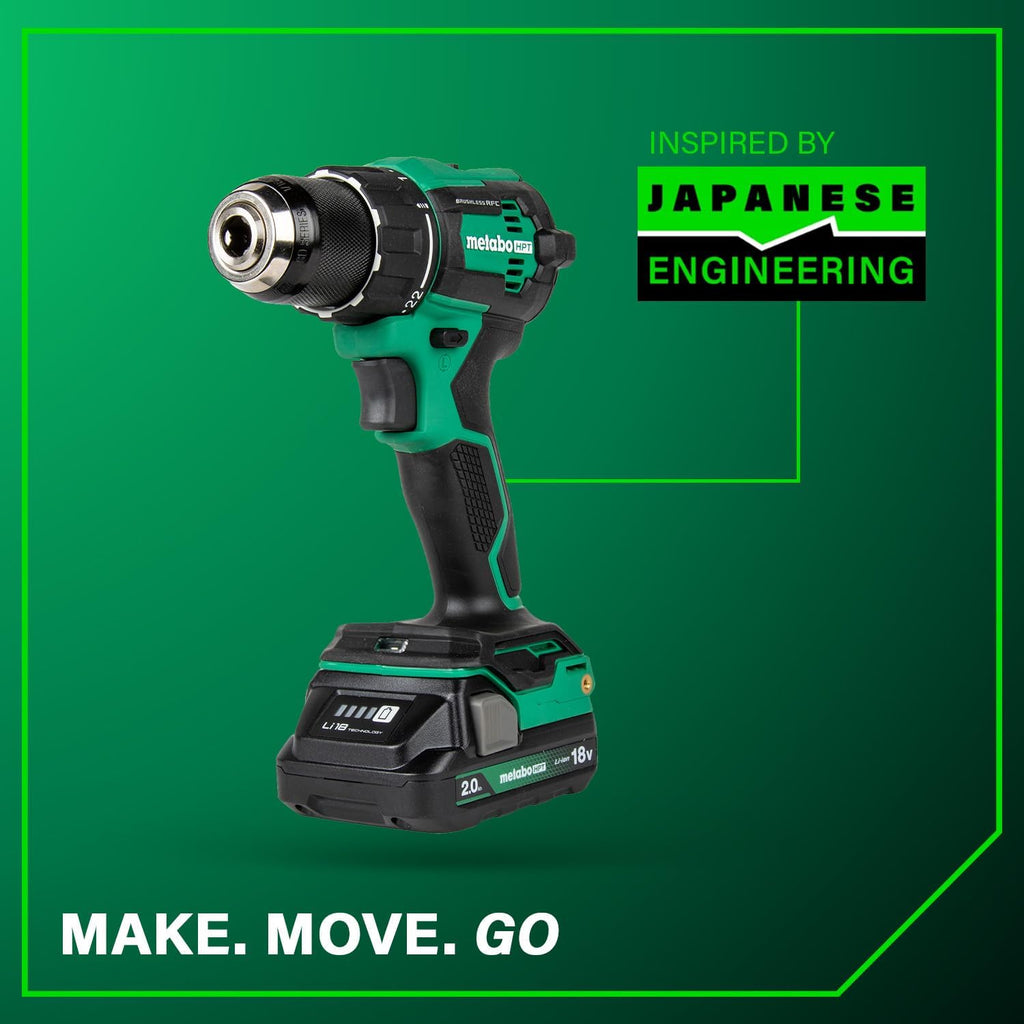 Metabo HPT 18V MultiVolt 1/2' Cordless Brushless Driver Drill Kit, High Power Drill Set with Bag, 2 Lithium-Ion Metabo Batteries and Charger, Compact Lightweight Power Driver, DS18DEX