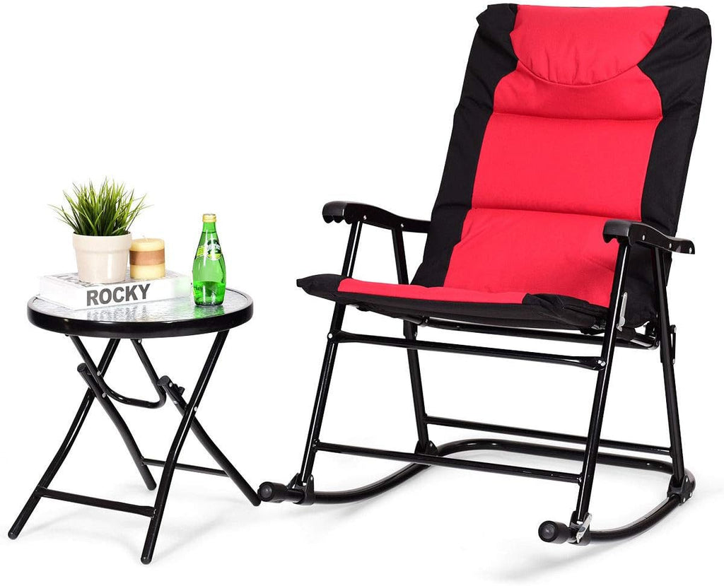 Giantex 3 PCS Folding Bistro Set Outdoor Patio Rocking Chairs Round Table Set 2 Rocking Chairs w/Glass Coffee Table for Yard, Patio, Deck, Backyard Padded Seat (Red & Black)