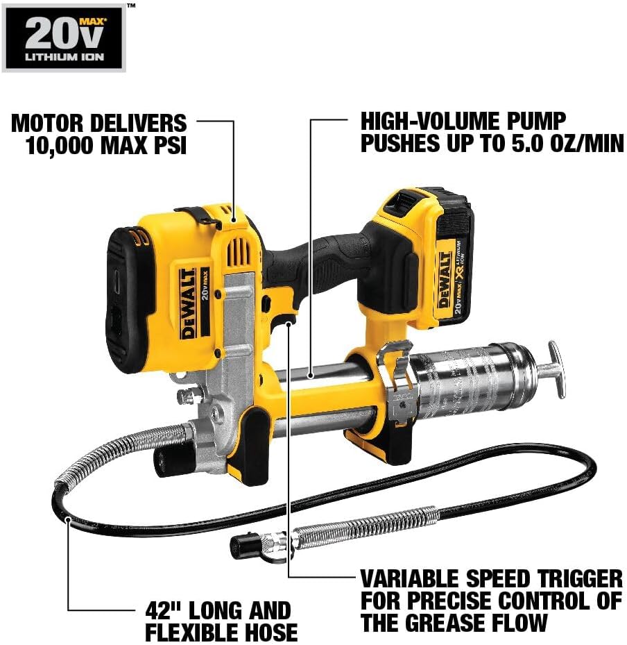 DEWALT Grease Gun Kit 20V MAX with 4.0Ah Battery and Charger, Cordless Grease Gun, LED Light, 42' Hose, 10,000 PSI, Variable Speed Triggers (DCGG571M1)
