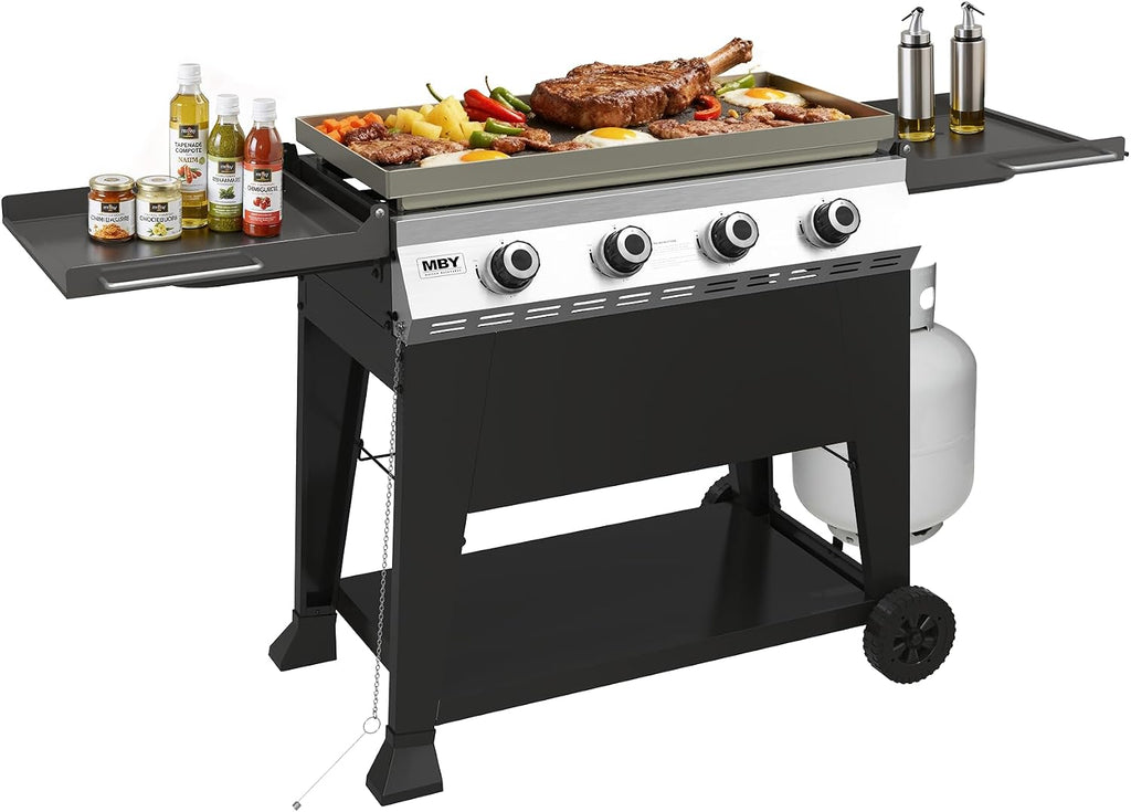4-Burner Propane Gas Griddle, 40,000 BTU Outdoor Flat Top Propane Grill with 480 Sq In Cooking Area, Rolling Wheels & Folding Side Shelves for Camping, Tailgating & Backyard BBQ, Black