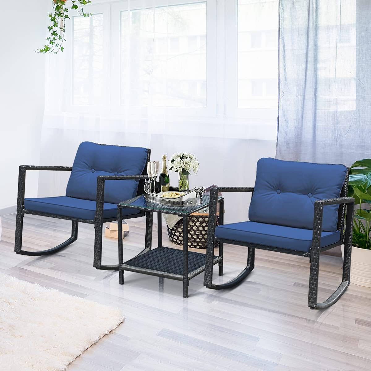 Tangkula 3 Pieces Patio Wicker Rocking Bistro Set, Outdoor Rocking Chair Furniture with Cushioned Seat, Conversation Set with Glass Coffee Table and Storage Shelf (Navy Blue)