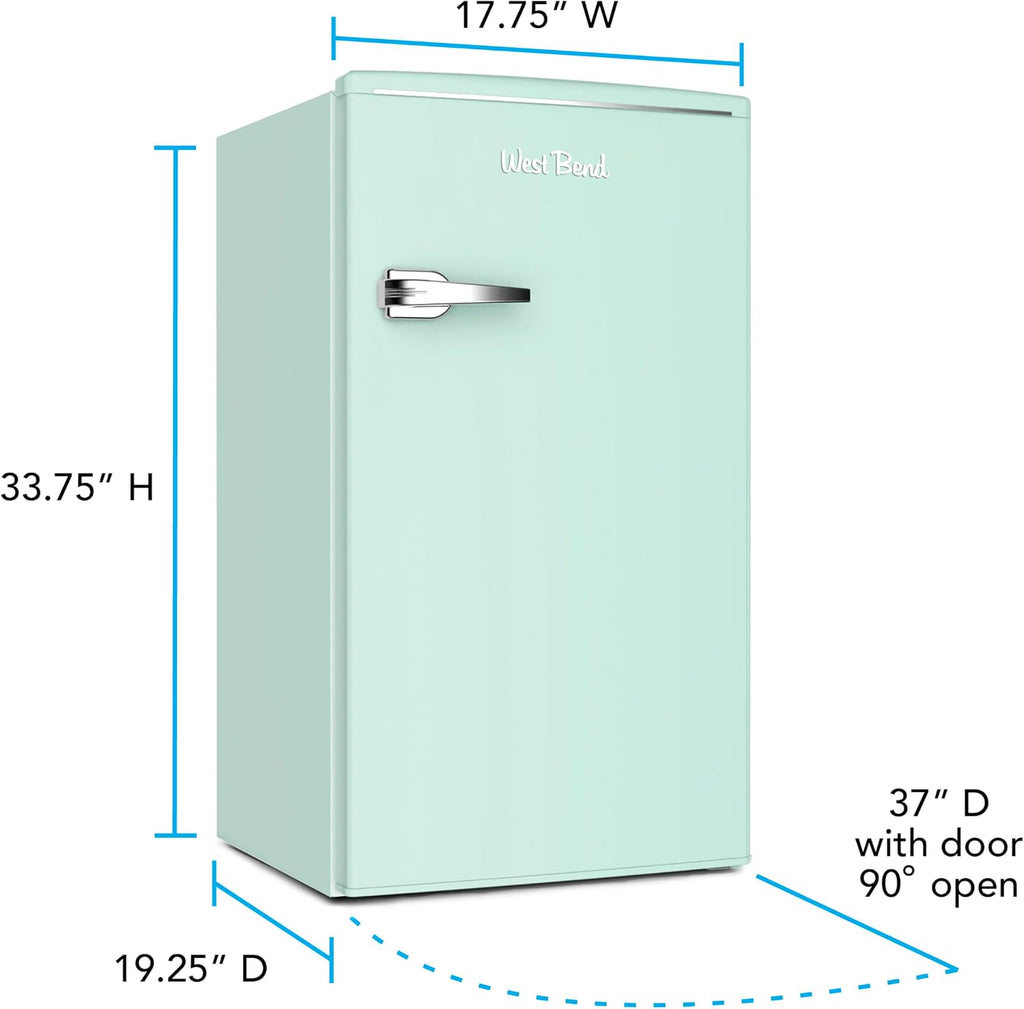 West Bend Mini Fridge for Bedroom, Office, Bar or College Dorm Room, Retro Compact Refrigerator features single door, glass shelves and adjustable temperature control, 3.0-Cu.Ft., Seafoam Green
