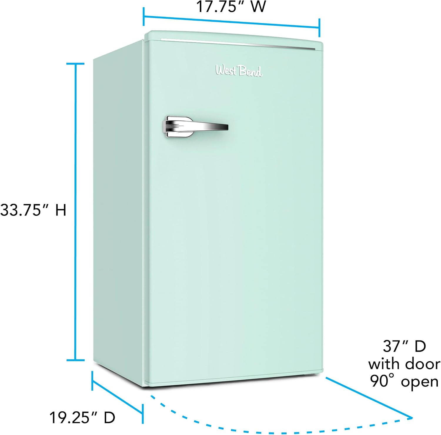 West Bend Mini Fridge for Bedroom, Office, Bar or College Dorm Room, Retro Compact Refrigerator features single door, glass shelves and adjustable temperature control, 3.0-Cu.Ft., Seafoam Green