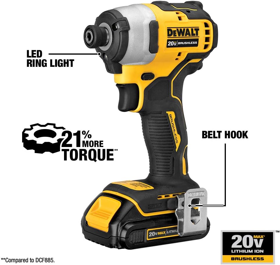 DEWALT ATOMIC 20V MAX* Impact Driver, Cordless, Compact, 1/4-Inch, Tool Only (DCF809B)
