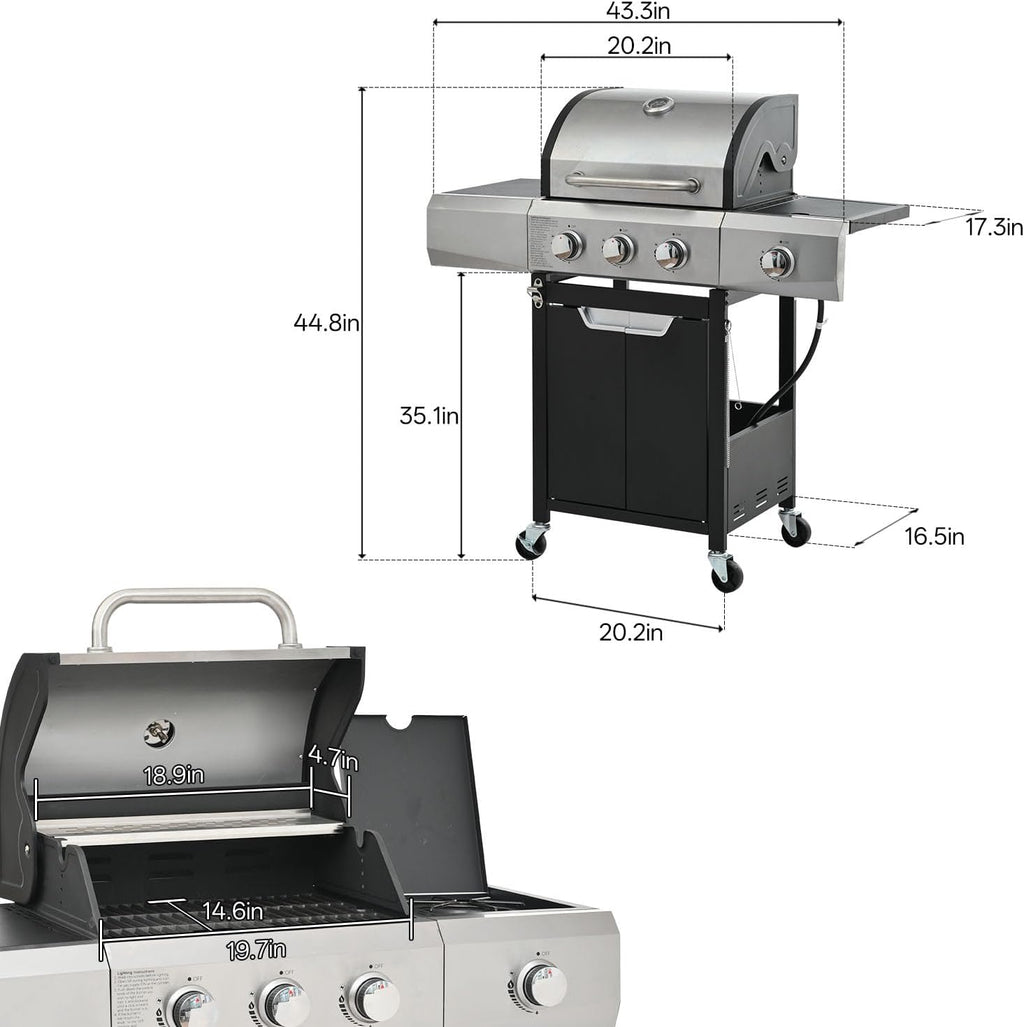 Endark 3-burner propane grill, 40,500 BTU with side-fire function. Stainless steel, enameled cast iron grate, thermometer, wheels. Perfect for patio and garden cooking