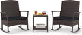 Tangkula 3 Pieces Rocking Wicker Bistro Set, Outdoor Front Porch Rocker Chairs Conversation Set with 2-Tier Tempered Glass Coffee Table and Thick Cushions for Garden, Balcony, Poolside (Black)