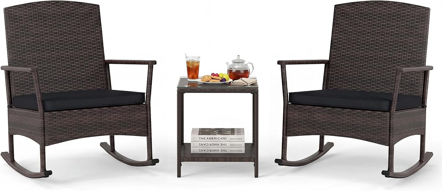 Tangkula 3 Pieces Rocking Wicker Bistro Set, Outdoor Front Porch Rocker Chairs Conversation Set with 2-Tier Tempered Glass Coffee Table and Thick Cushions for Garden, Balcony, Poolside (Black)