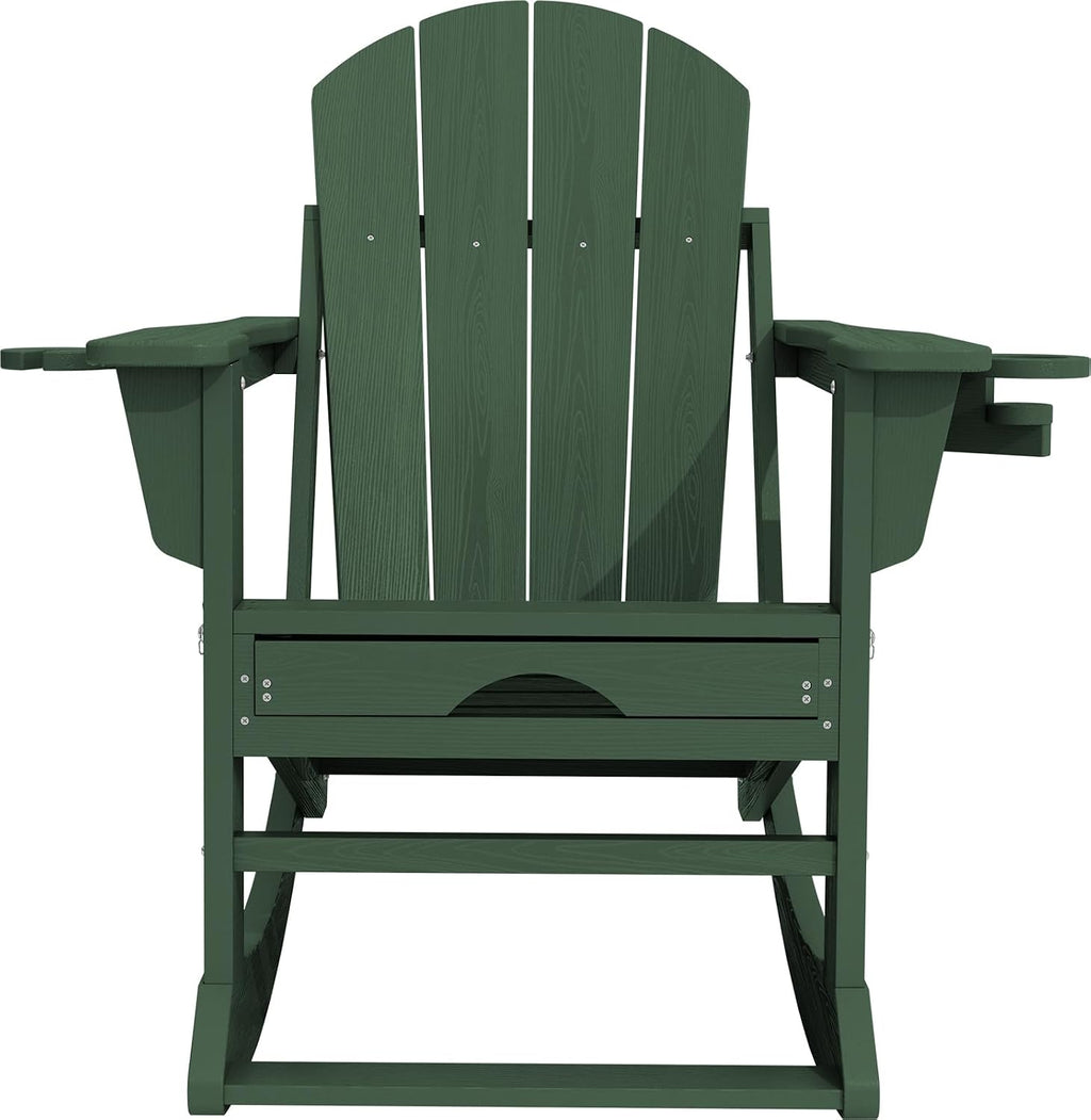 KINGYES Adirondack Rocking Chair with Retractable Ottoman and Cup Holders, HDPE Adirondack Rocker Patio Rocking Chair for Porch, Patio, Balcony, Dark Green