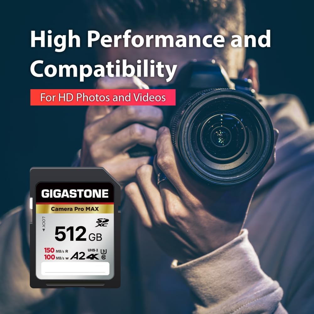 【5-Years Data Recovery】 GIGASTONE 512GB SD Card, 4K Camera Pro MAX, A2 4K SDXC Memory Card High Speed 4K UHD Video Compatible with Canon Kodak Digital Camera, with 1 Mini case