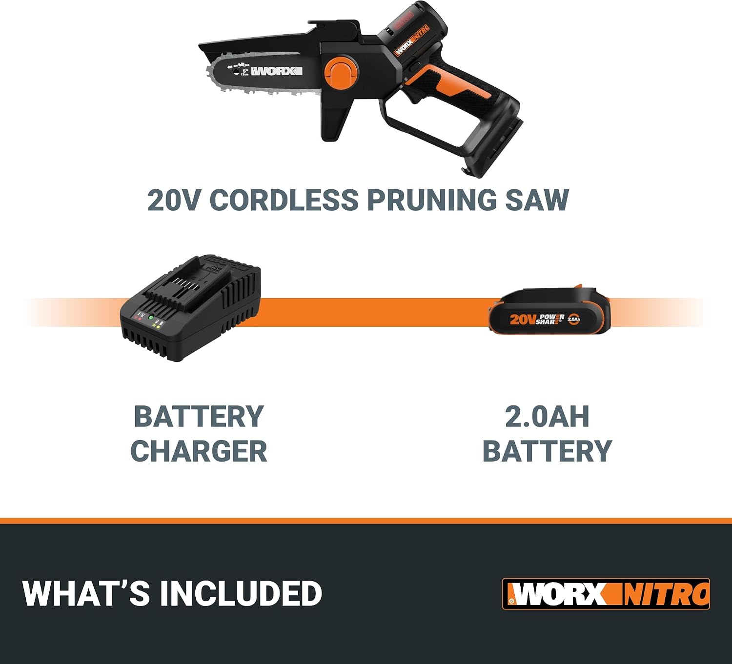 Worx Nitro 20V 5' Cordless Brushless Chainsaw 2.0 Ah Battery and Charger Included WG325