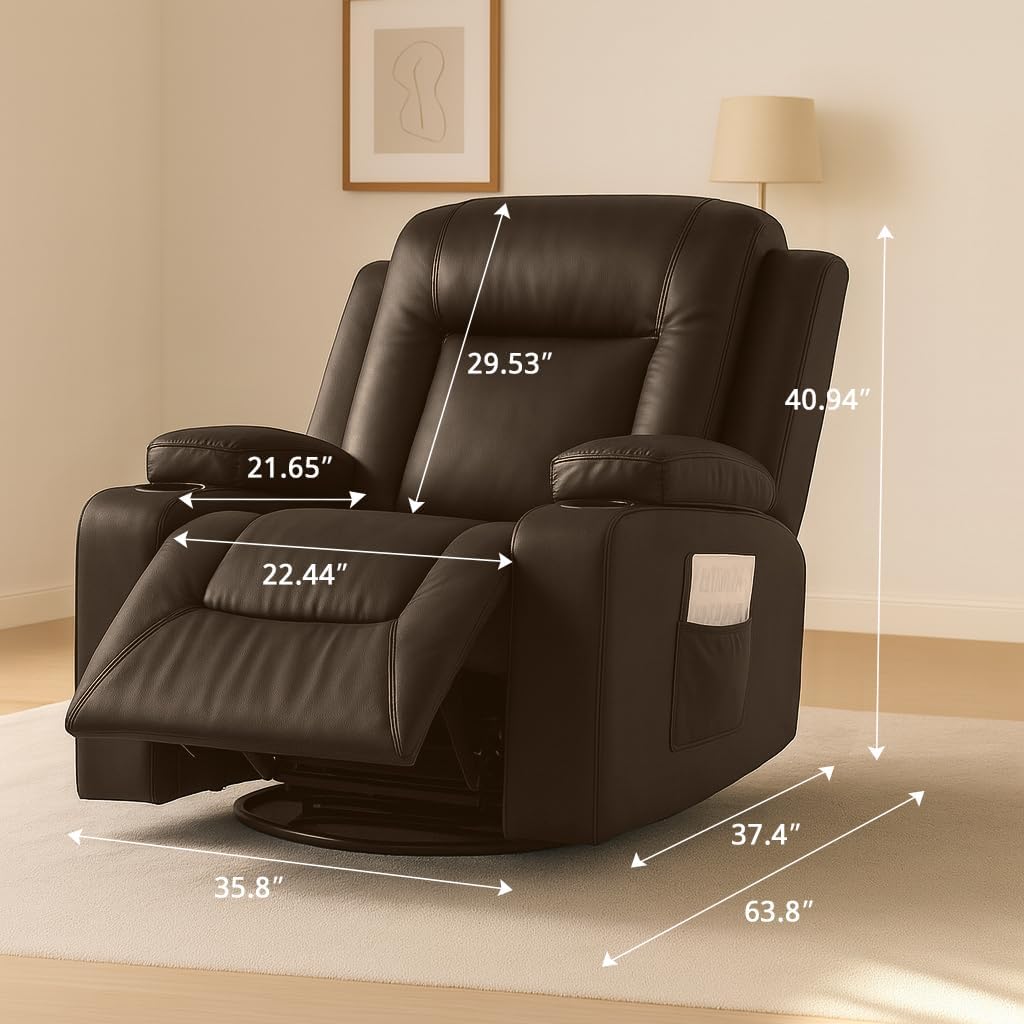 COMHOMA Recliner Chair,PU Rocking Chair for Adults,Swivel Recliner with Cup Holders,Single Sofa Seat with Side Pockets for Living Room,Bedroom(Brown)