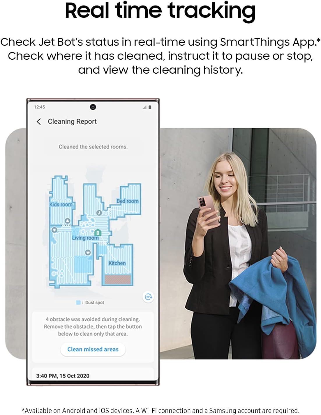 SAMSUNG Jet Bot Robot Cordless Vacuum Cleaner w/ Intelligent Power Control, Precise Navigation, Multi Surface Cleaning for Hardwood Floors, Carpets, Rugs, Anti Hair, VR30T80313W/AA, White