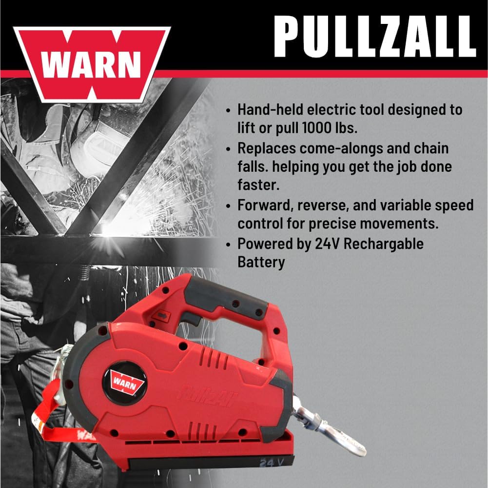 WARN 885030 PullzAll Cordless 24V DC Portable Electric Winch with Steel Cable and 1 Rechargeable Battery Pack: 1/2 Ton (1,000 lb) Lifting/Pulling Capacity, Red