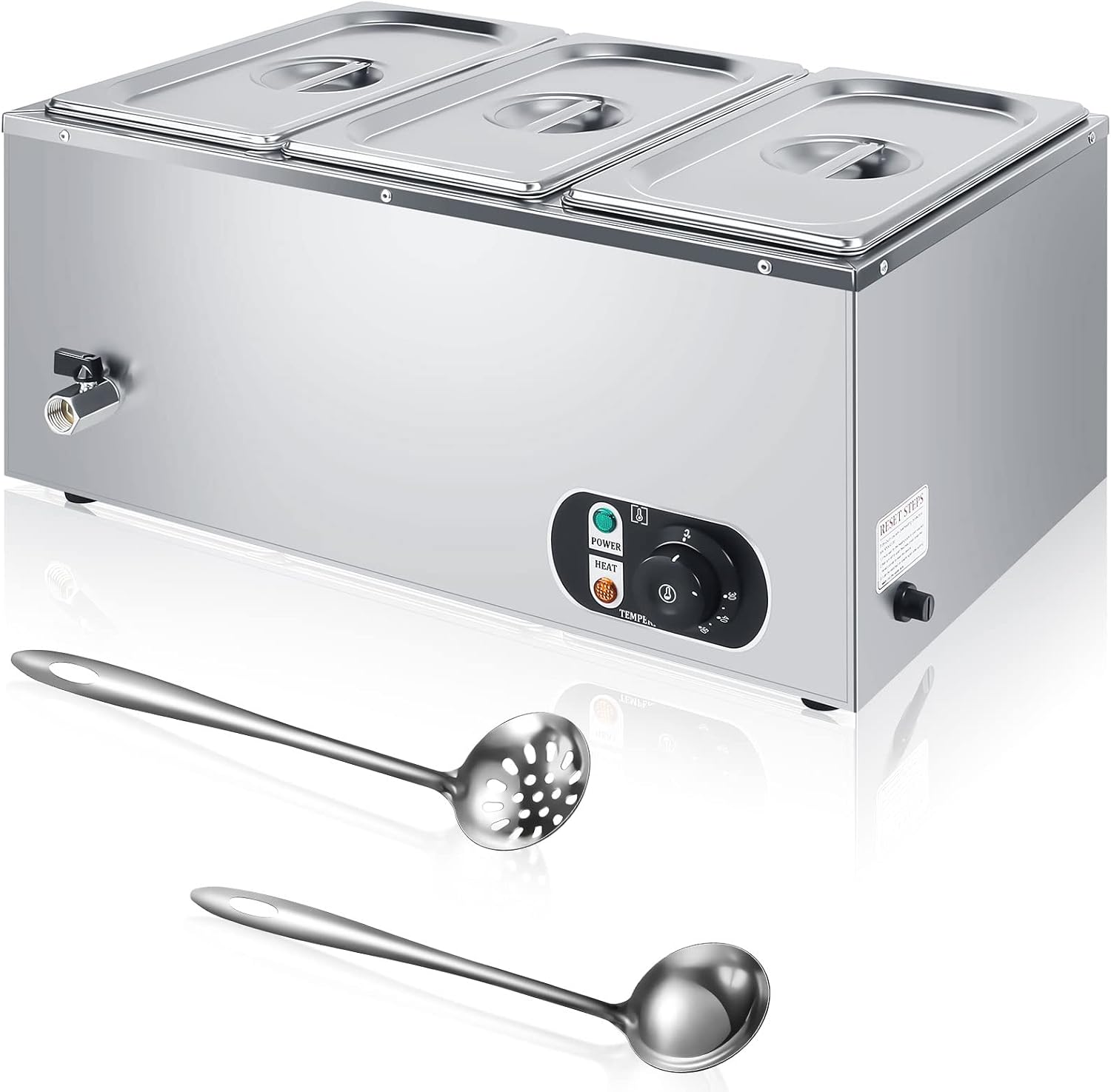 Electric Commercial Food Warmer 110V Buffet Food Warmer Stainless Steel Electric Countertop Steamer with Temperature Control, Tap and Lid for Catering Restaurant Parties (3 Pan)