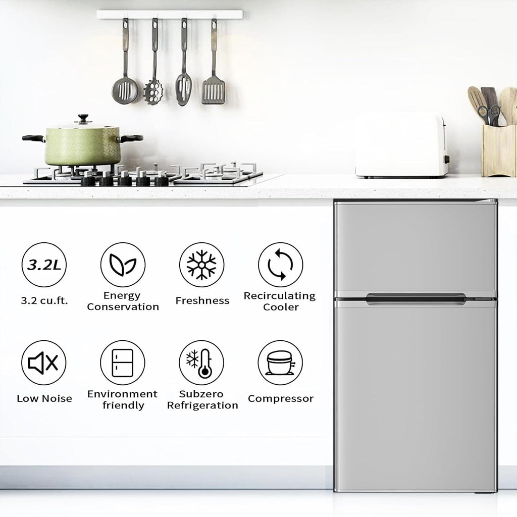 Antarctic Star Mini Compact Refrigerator, 3.2 Cu.Ft. Separate Freezer Double 2-Door Adjustable Removable Shelves For Basement/Apartment/Dorm/Office,GREY