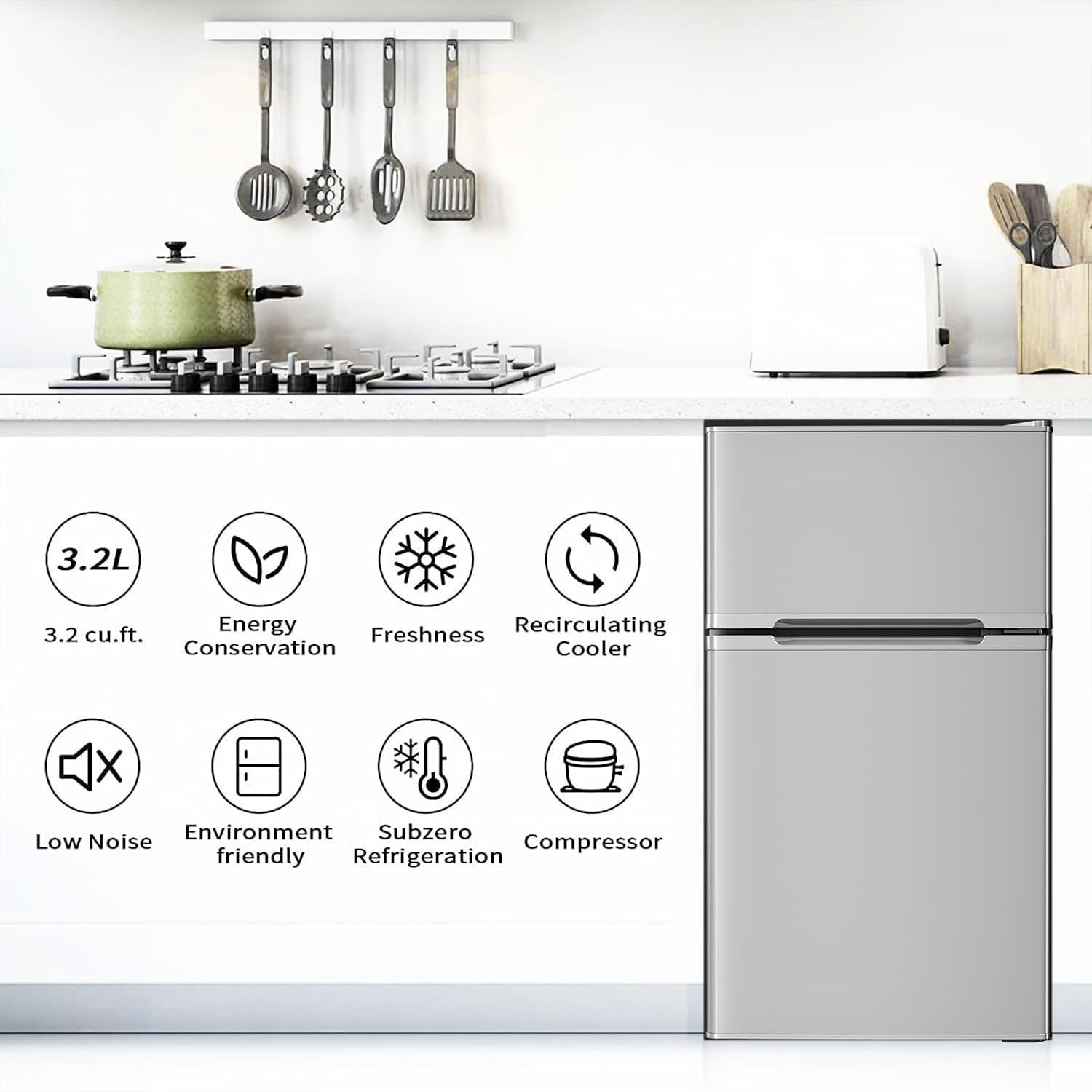 Antarctic Star Mini Compact Refrigerator, 3.2 Cu.Ft. Separate Freezer Double 2-Door Adjustable Removable Shelves For Basement/Apartment/Dorm/Office,GREY
