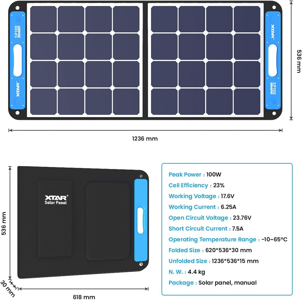 XTAR SP100 2 Pack 100w Solar Panel Portable Solar Panel Solar Power with Independent Charger 8mm Splitter Solar Power Panel for Power Station Solar Generator RV Solar Camping