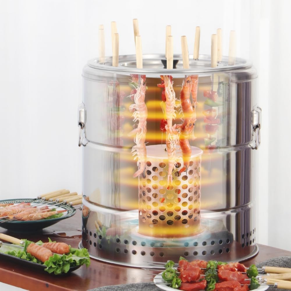 Smokeless Barbecue Hanging Grill With 28 Skewers Stainless Steel Charcoal BBQ Stove Charcoal Braised Grill Barrel Large Capacity Portable 360° All Round Roasting Oven (42cm*39cm (16.5''x15.4''))