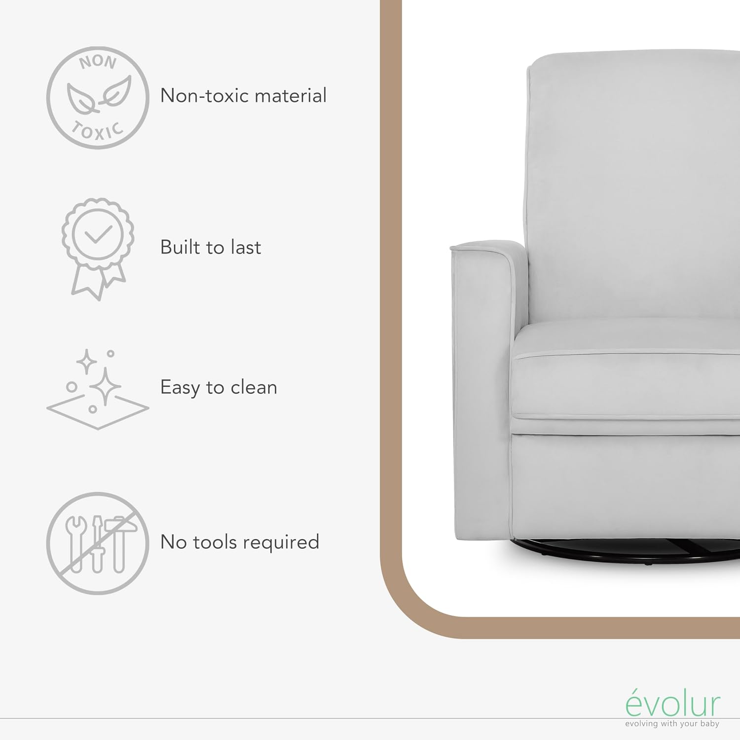 Evolur Raleigh Upholstered Manual Glider Recliner– Rocking & 360° Swivel with Smooth Glide – Greenguard Gold & FSC Certified – Modern Nursery and Living Room Chair in Grey