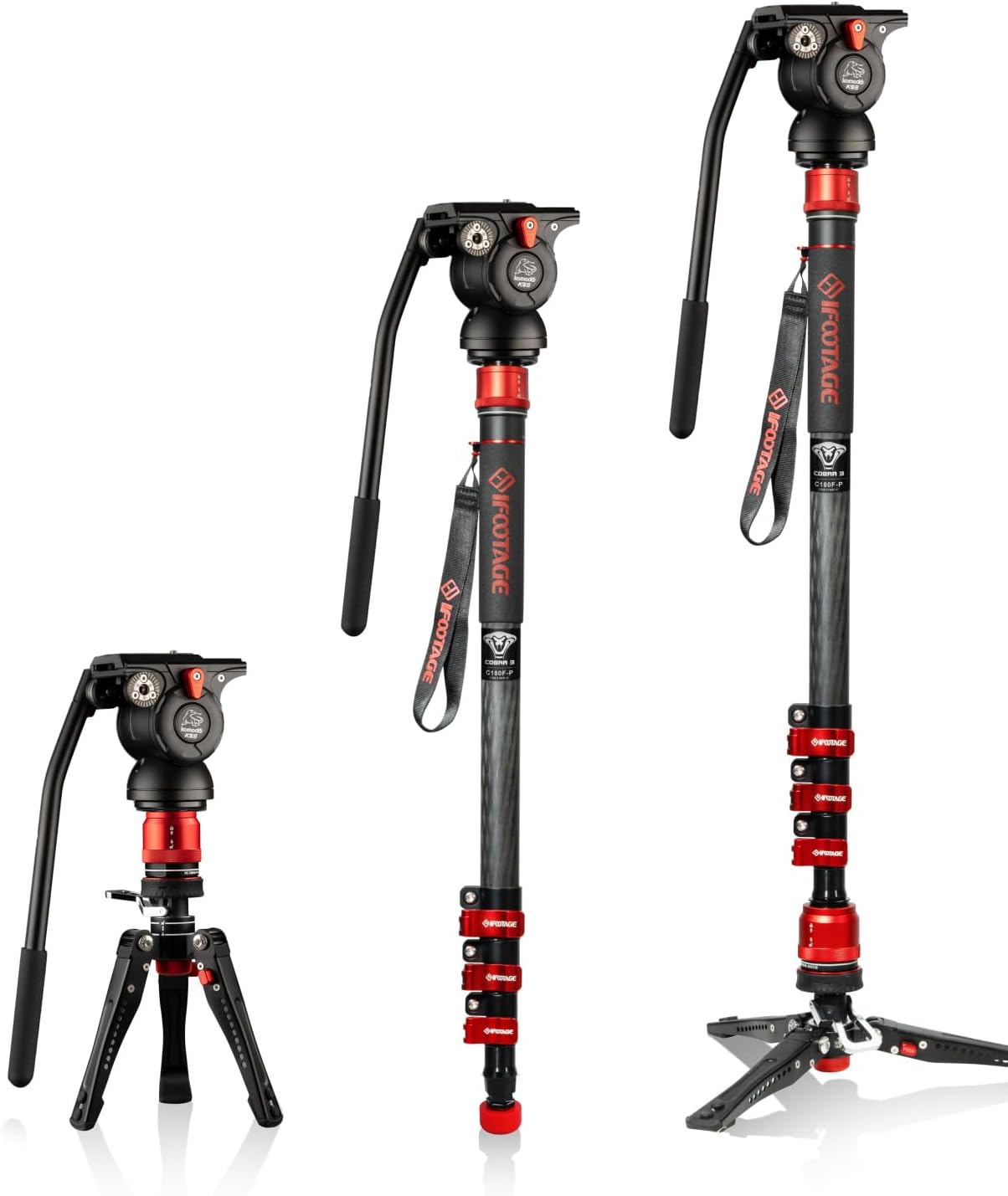 IFOOTAGE Monopod Cobra 3 C180F-P+K5S, 71' Monopod for Camera Carbon Fiber Travel Monopod with Feet, 1/4'' & 3/8'' Quick Release Compatible with Sony Canon Nikon DSLR Camera, Payload 17.6Lb