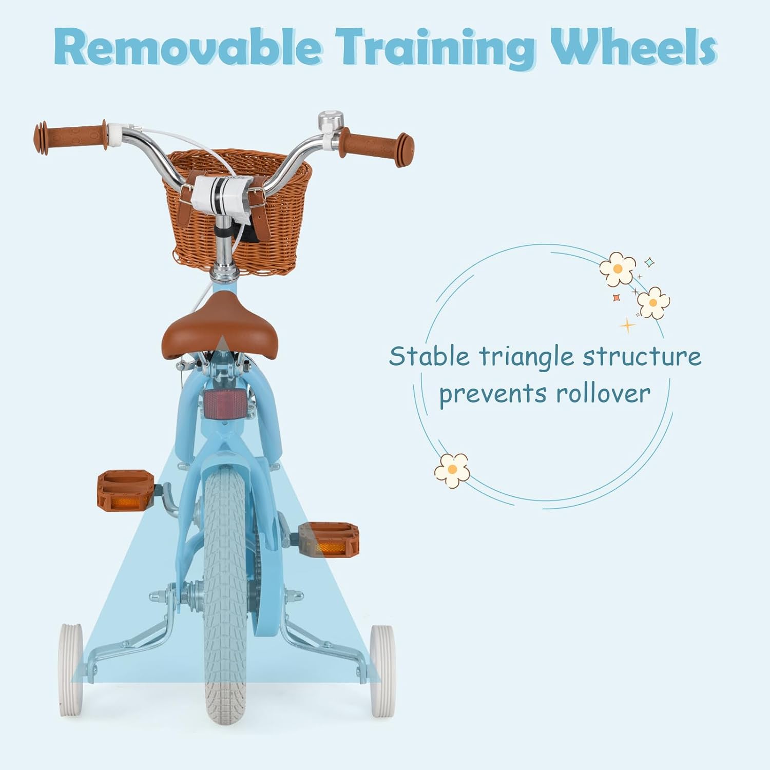 Olakids Kids Bike, 12 14 16 18 20 Inch Toddlers Bike with Training Wheels Rattan Basket Safety Bell Adjustable Seat and Handlebar, Children's Bicycle for Girls Boys