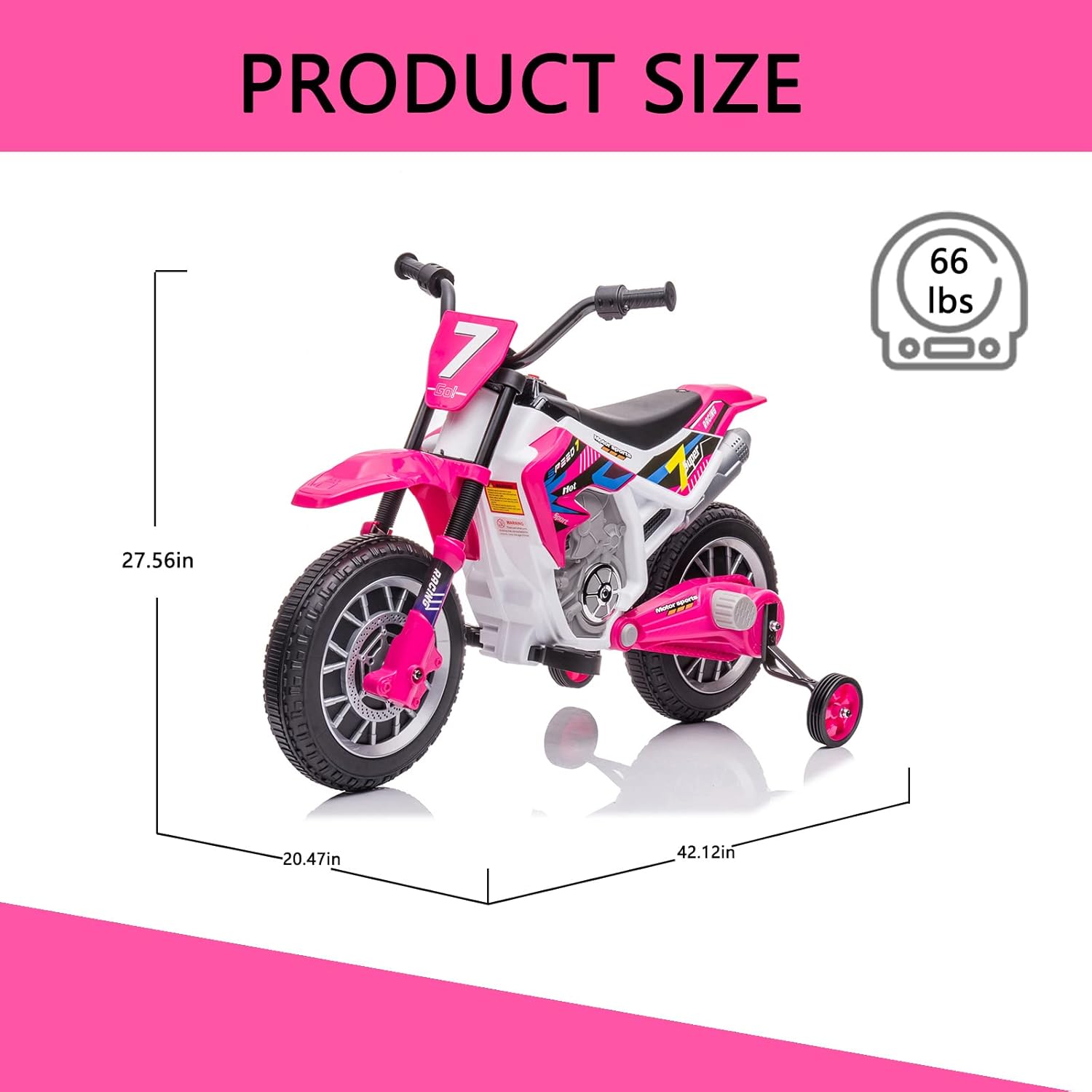 12V Kids Ride on Motorcycle Dirt Bike Toy 4 Wheel Battery Powered Off-Road Motorbike with Training Wheels, 3 mph Top Speed, Music, Charger for Boy Girl Age 3+ (Rose Red)