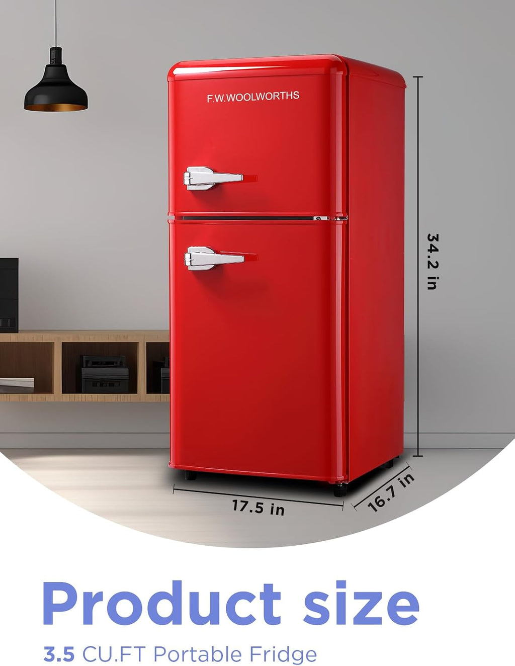 F.W.WOOLWORTHS 3.5 Cu.Ft Fridge with Freezer, Refrigerator with 2 Doors for Office, Kitchen, Dorm and Bedroom, Fridge with 7 Level Temp Adjustable Thermostat, Red