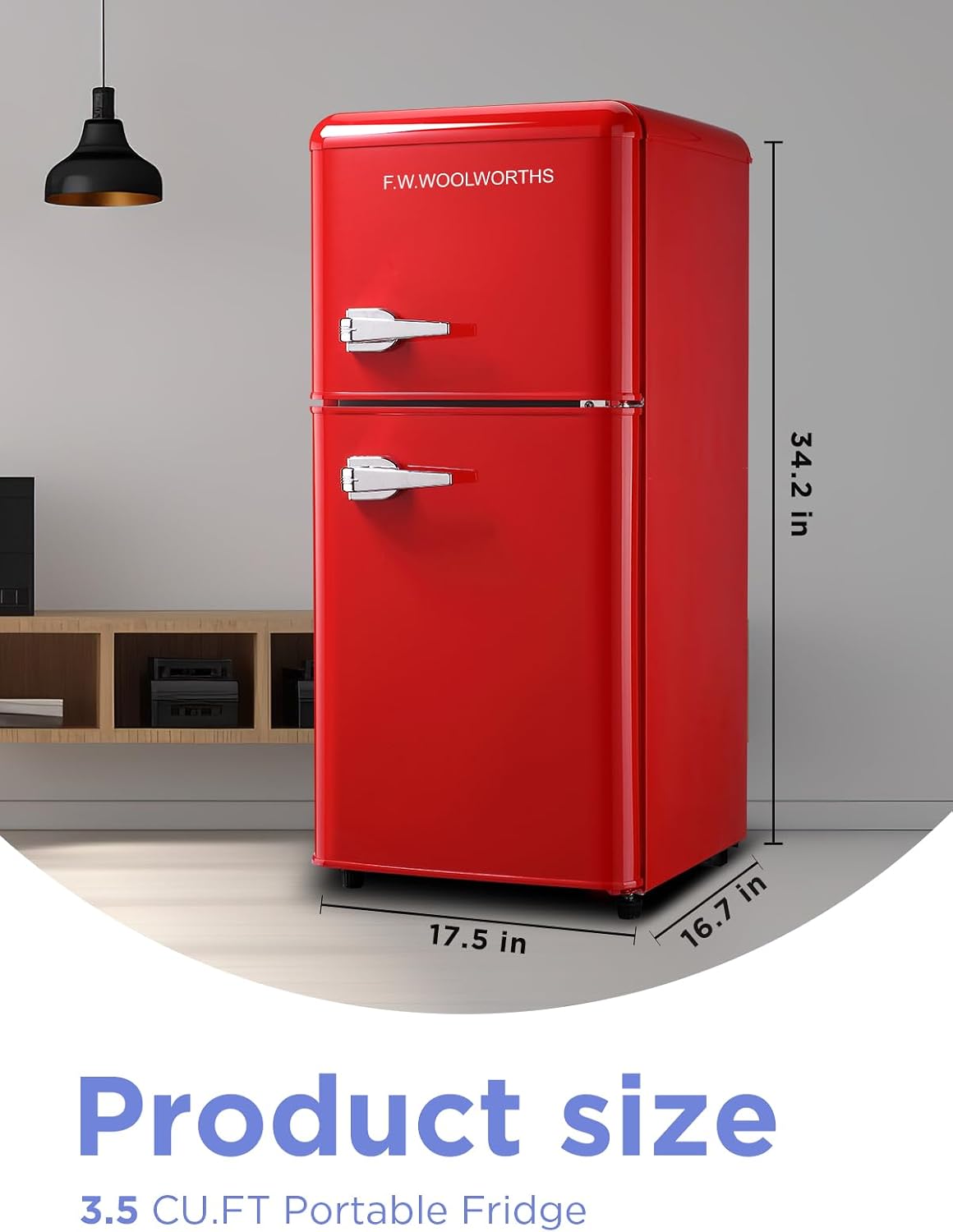 F.W.WOOLWORTHS 3.5 Cu.Ft Fridge with Freezer, Refrigerator with 2 Doors for Office, Kitchen, Dorm and Bedroom, Fridge with 7 Level Temp Adjustable Thermostat, Red