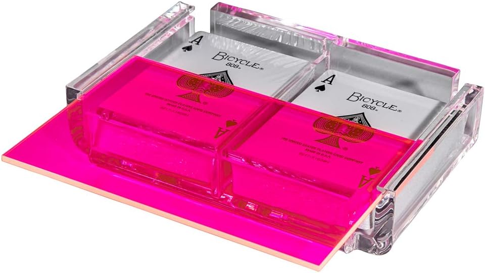 Modern Elegant Playing Card Deck Holder Tray with 2 Decks of Playing Cards in Unique Stylish Deluxe Acrylic Box with Color lid (Neon Pink)