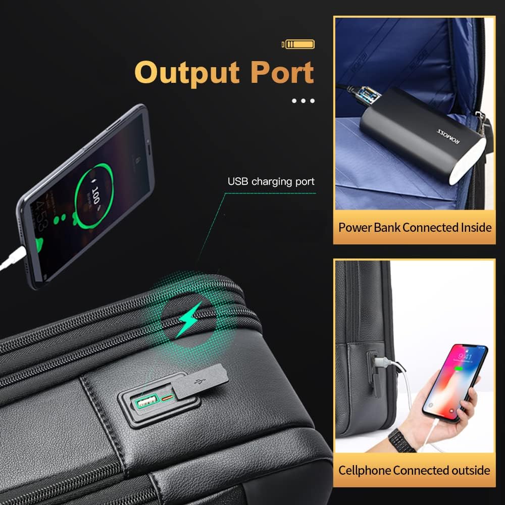 BOPai Genuine Leather Backpack for Men Multi-Function Backpack 15.6 inch Business Laptop Backpack Travel Smart Rucksack with USB Charging Anti Theft Backpack Office Black