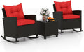 Tangkula 3 Piece Wicker Rocking Set, Patio Rattan Roker Chairs with Tempered Glass Table & Soft Cushions, Outdoor Furniture Set for Backyard, Poolside Porch (Red)