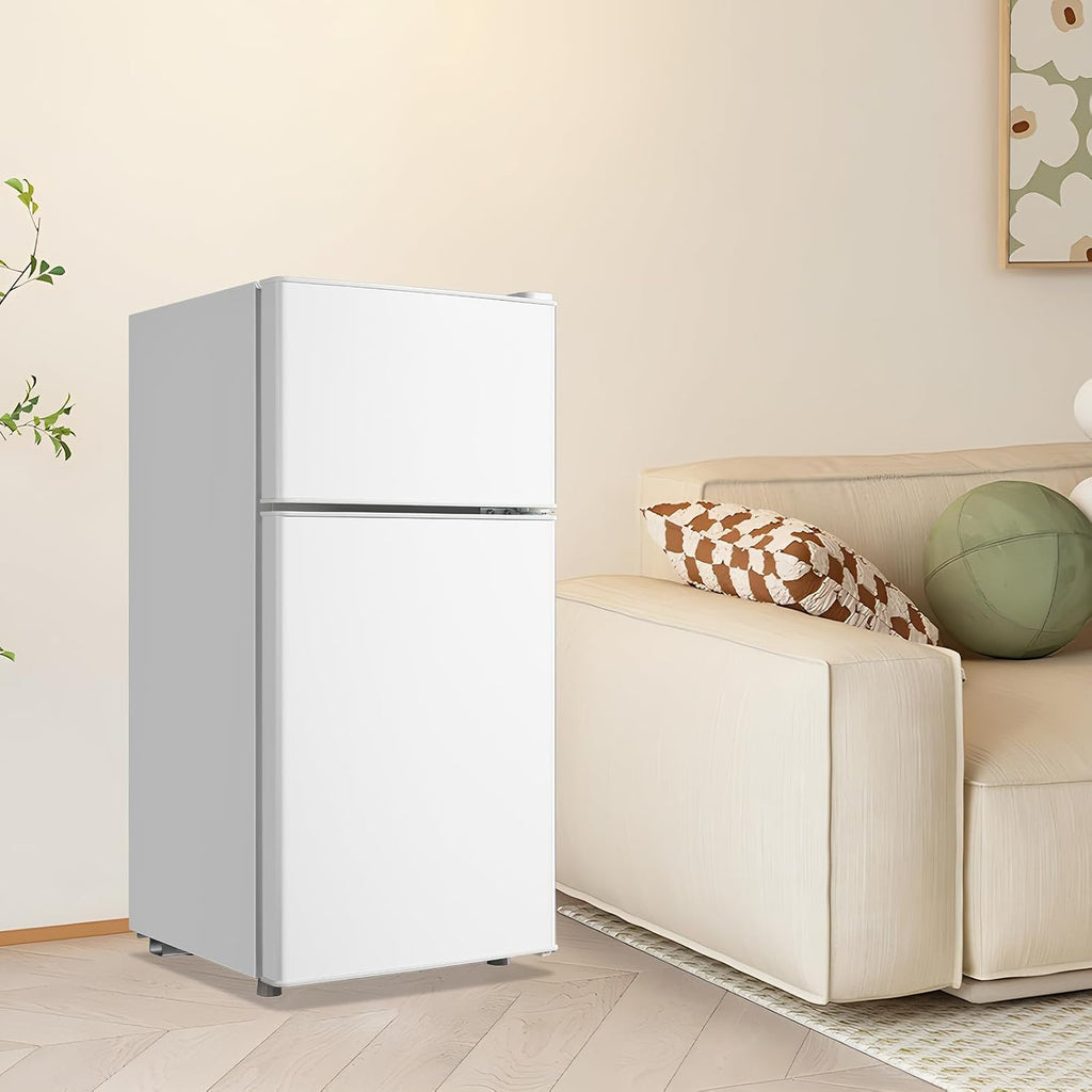 DEMULLER Small Refrigerator Mini Fridge with Double Doors & Separate Freezer & 7 Adjustable Temperature Control, Tiny Size & Personal Fridge Ideal for Office Apartment Dorm White