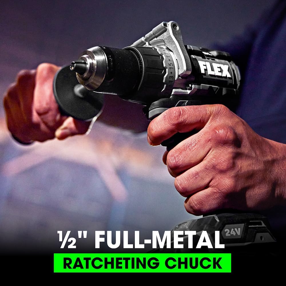 FLEX 24V Brushless Cordless 1/2-Inch 1,400 In-Lbs Torque 2-Speed Drill Driver Turbo Mode Kit with 2.5Ah, 5.0Ah Lithium Batteries and 160W Fast Charger - FX1171T-2B