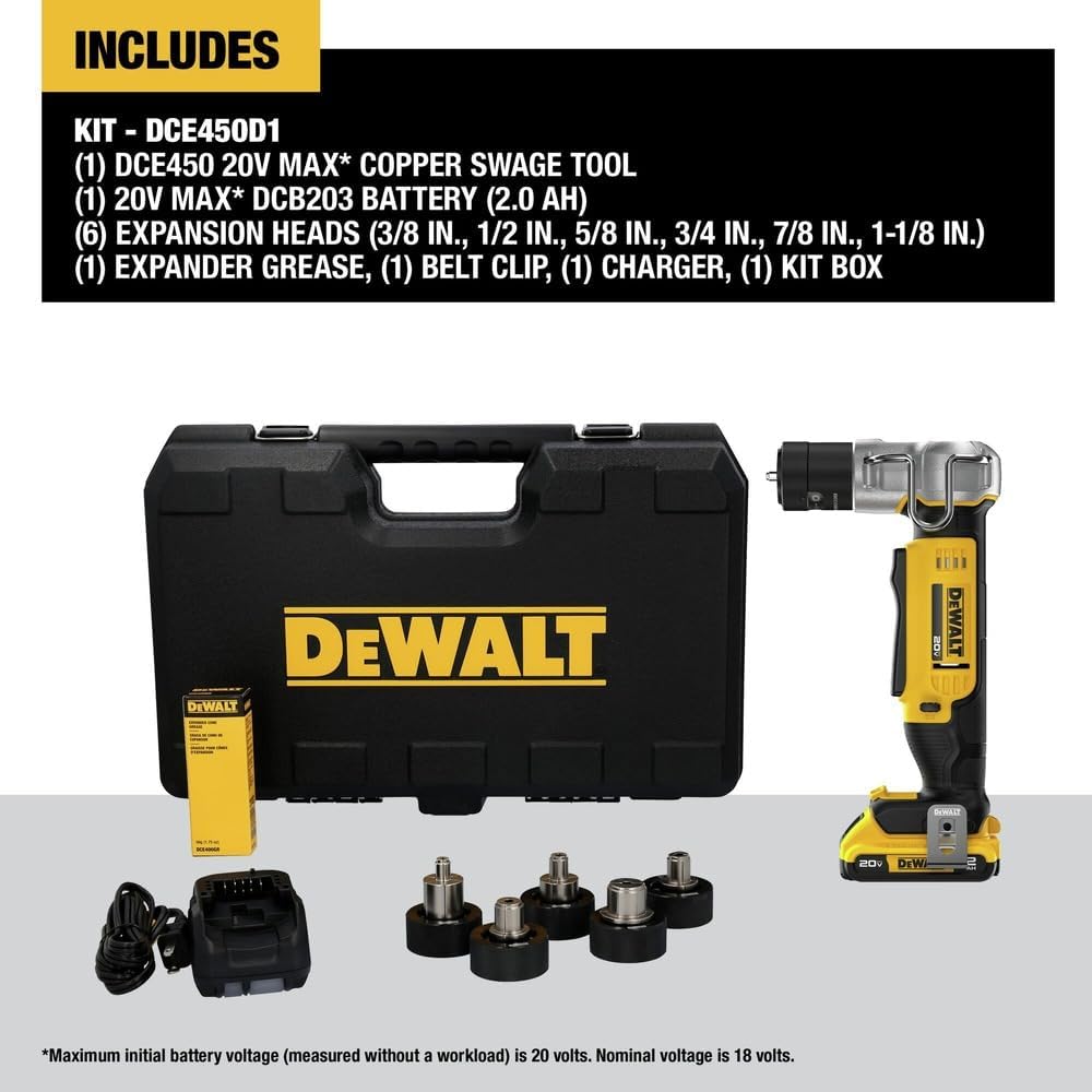 DEWALT 20V MAX Copper Swaging Tool Kit with Battery, Charger, and 6 Expansion Heads 3/8 in., 1/2 in., 5/8 in., 3/4 in., 7/8 in, and 1-1/8 in (DCE450D1)