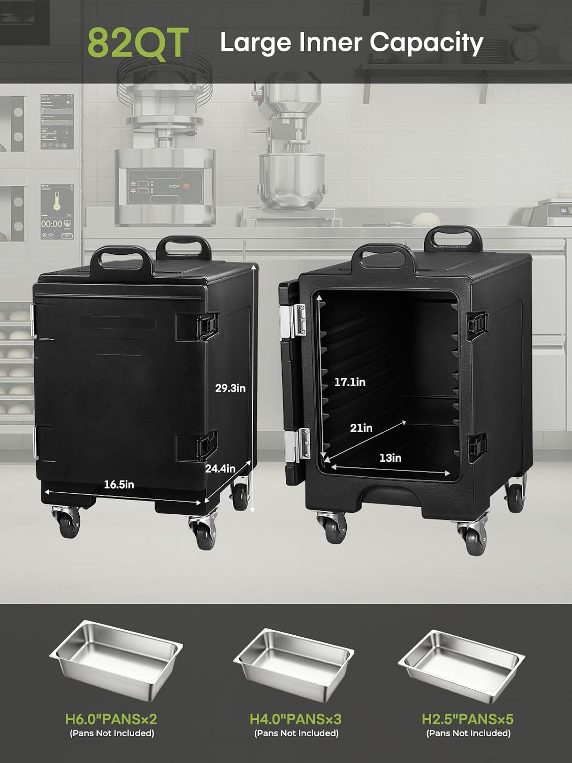 Catering Food Warmer, 82Qt Front Loading Hot Box for Catering, LLDPE Insulated Food Pan Carrier for 5 Full-Size Pan, w/Wheels, Stackable, Handles, Hot Box Food Warmer for Camping, Restaurant