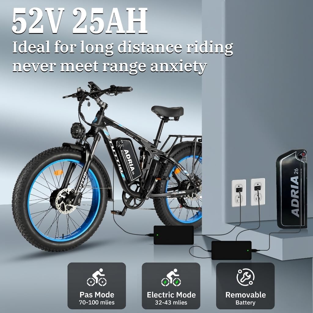 TUTTIO Adria26 5000W/6000W Dual Motor Ebike, 40-46MPH Electric Bike for Adults, 26' x 4' Fat Tire Electric Mountain Bike, 52V 25AH E-Bike Full Suspension Electric Dirt Bike for Off-Road Hunting