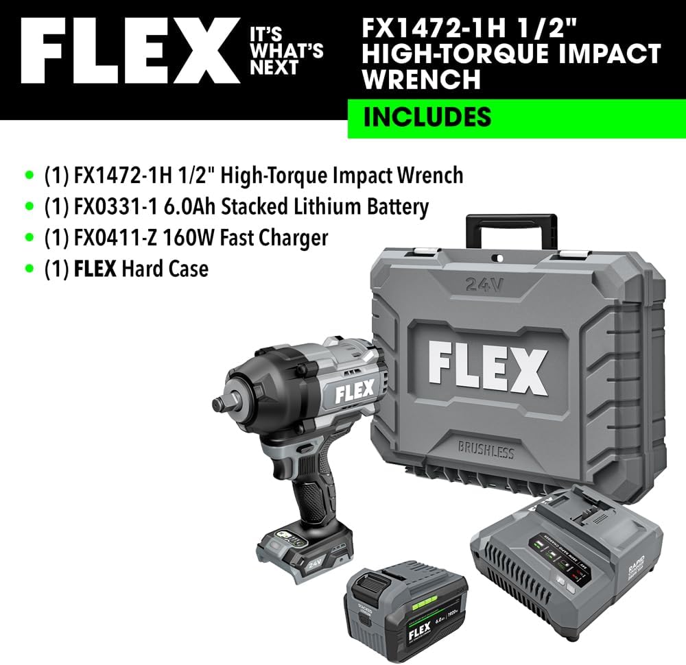 FLEX 24V Brushless Cordless 1/2-Inch 1,500 Ft-Lbs High-Torque Impact Wrench Kit with 6.0Ah Stacked Lithium Battery and 280W Fast Charger - FX1472-1H