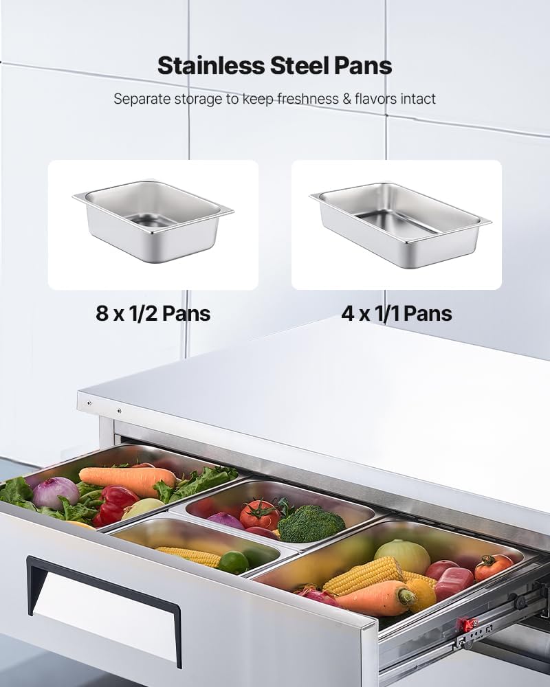 VEVOR Chef Base Refrigerator, 52' W Commercial Chef Bases Worktop Refrigerators, 2-Drawer Under Counter Fridge with 8 Pans Stainless Steel, Heavy-Duty Refrigerated Base, Invisible Door Handle