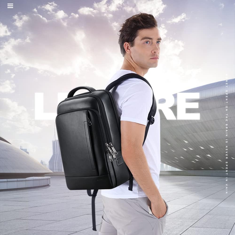 BOPai Genuine Leather Backpack for Men Multi-Function Expand 15.6 inch Business Laptop Backpack Travel Smart with USB Charging Backpack Office Black