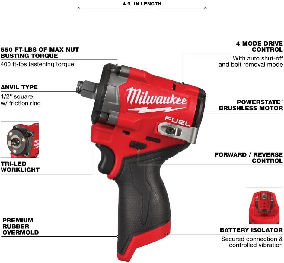 Milwaukee M12 FUEL Stubby 1/2 Inch Impact Wrench (Bare Tool)