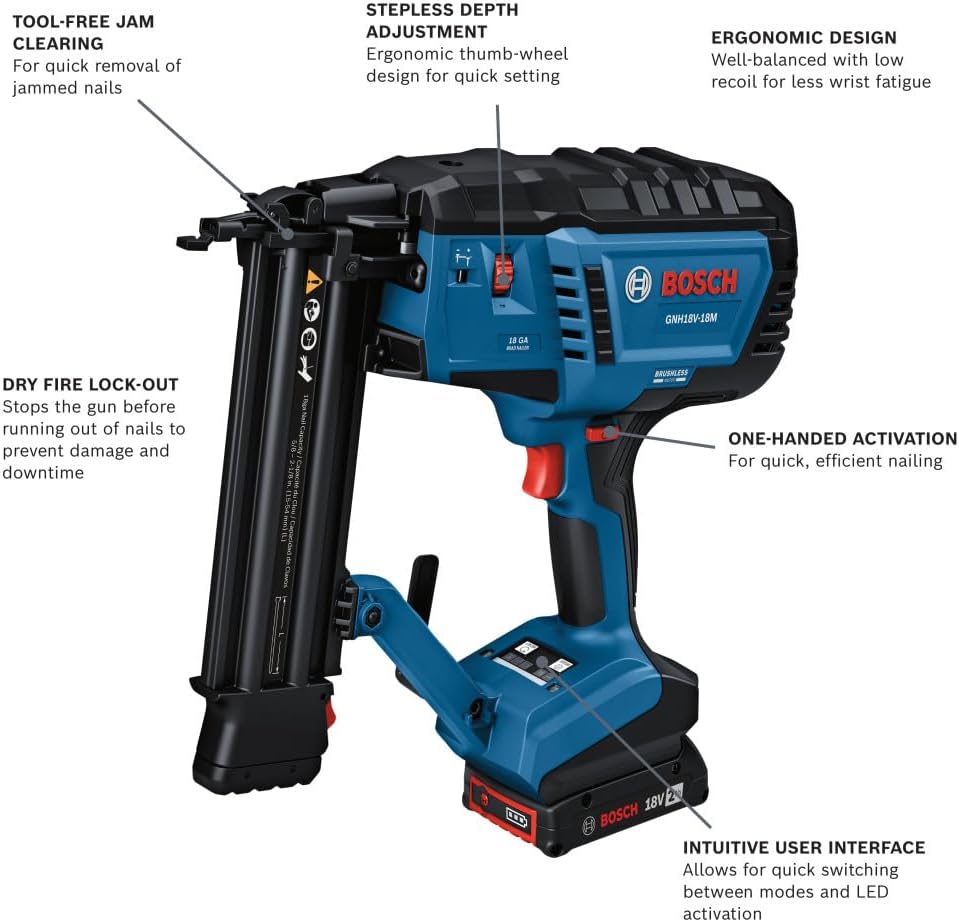BOSCH GNH18V-18MB12 18V Brushless 18-Gauge Brad Nailer Kit with 2Ah Battery and Charger - Cordless, Efficient, and Precise for Decorative Work and Tight Spaces