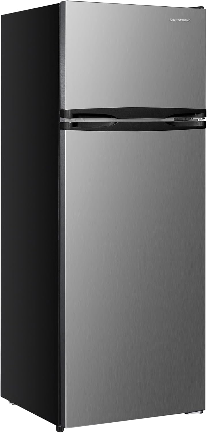 West Bend Apartment Refrigerator Freestanding Reversible Dual Doors Full Fridge with Freezer, Full-Range Temperature Control with Adjustable and Removable Door Bins and Shelves, 7.5-Cu.Ft, Metallic
