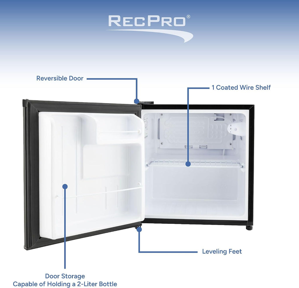 RecPro 1.7 Cu Ft 12V RV Refrigerator | Compact Fridge with Reversible Door, 2L Bottle Door Storage, 7 Temp Settings | Eco-Friendly R600A, Leveling Feet, Wire Shelf | 19.5'H x 17.5'W x 19.8'D