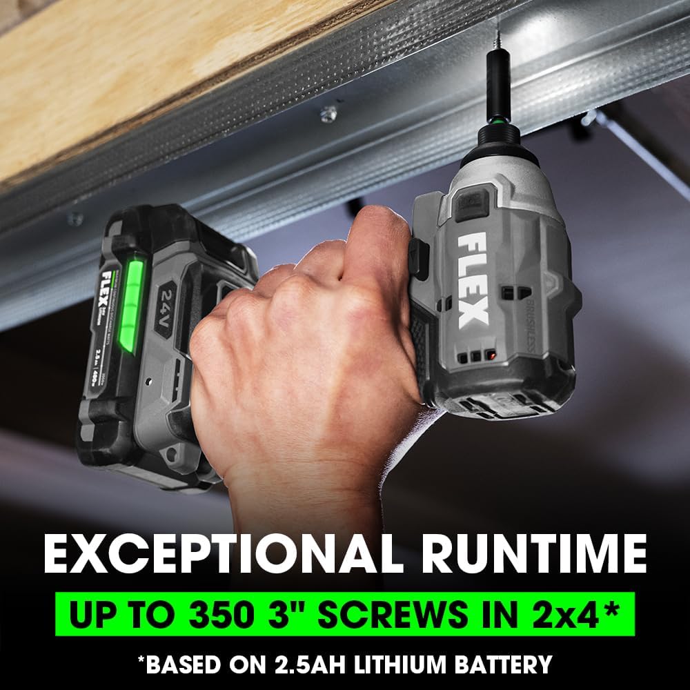 FLEX 24V Brushless Cordless 1/4-Inch Hex Compact Impact Driver Self-Tapping Screw Mode Kit with 2.5Ah Lithium Battery and 160W Fast Charger - FX1331-1A