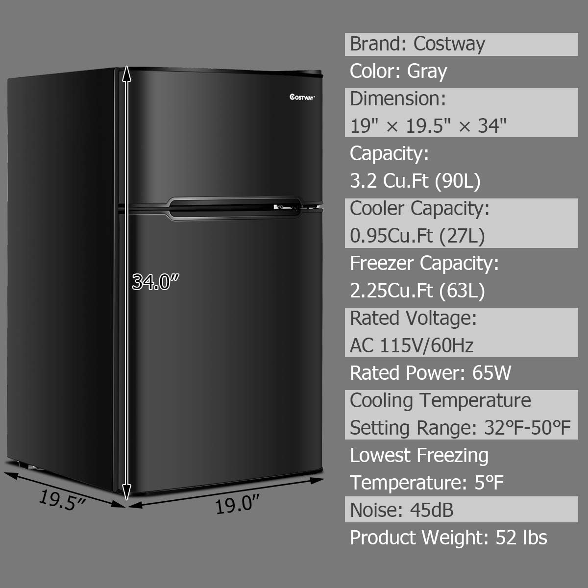 COSTWAY Mini Fridge with Freezer, 3.2 Cu.ft. 2-Door Mini Freezer Cooler Fridge w/Reversible Door, Removable Glass Shelves, Mechanical Control, Small Refrigerator for Bedroom, Dorm, Office (Black)