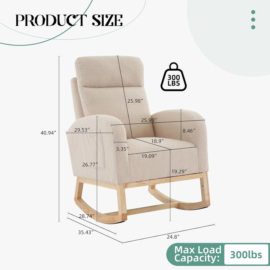GAOMON Rocking Chair Glider for Nursery, Comfy Rocker Nursery with Side Pocket & High Backrest, Baby Rocking Chair for Breastfeeding, Upholstered Rocker & Living Room, Beige