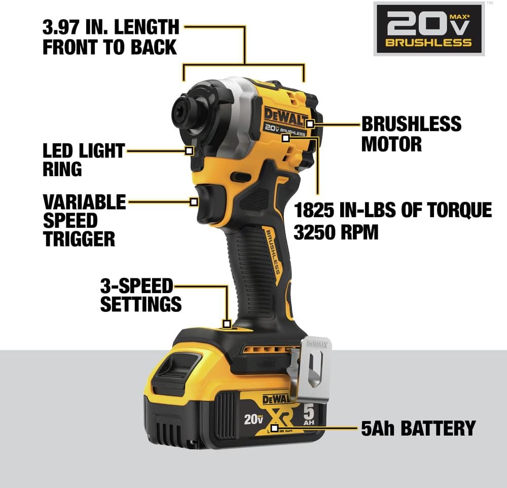 DEWALT ATOMIC 20V MAX 1/4 in. Brushless Cordless Impact Driver Kit with Battery and Charger Included (DCF850P1)