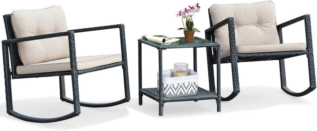 Tangkula 3 Pieces Patio Wicker Rocking Set, Outdoor Rocking Chairs and Table Set with Cushions, Glass Coffee Table with Storage Shelf, Suitable for Patio, Garden, Poolside, Balcony (Beige)