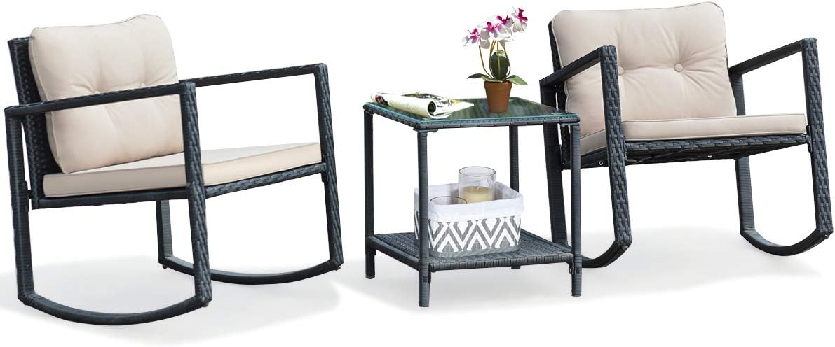 Tangkula 3 Pieces Patio Wicker Rocking Set, Outdoor Rocking Chairs and Table Set with Cushions, Glass Coffee Table with Storage Shelf, Suitable for Patio, Garden, Poolside, Balcony (Beige)
